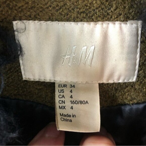 H&M Women Sz S Wool Blend Faux Fur Moto Jacket Olive Casual Fall Coat Aviator - Picture 8 of 13